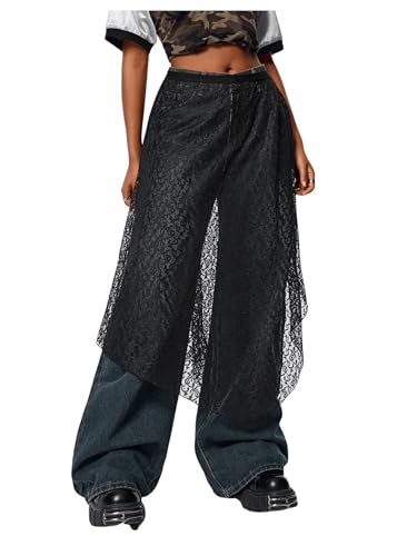 MakeMeChic Women's Y2K Lace Skirt Asymmetrical Sheer Midi Skirts Beach Cover up