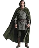 L'VOW Medieval Hooded Cloak Renaissance Green Cape with Hood for Halloween LARP Sorcerer Hobbit Cosplay Costume, ArmyGreen