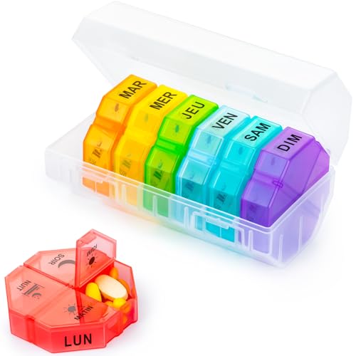 Pilulier Semainier, Pilulier 7 Jours 4 Fois Matin Midi Soir Nuit, Semainier Medicament 4 Compartiments pour Vitamines, Huiles de Poisson, Suppléments et Médicaments ﻿