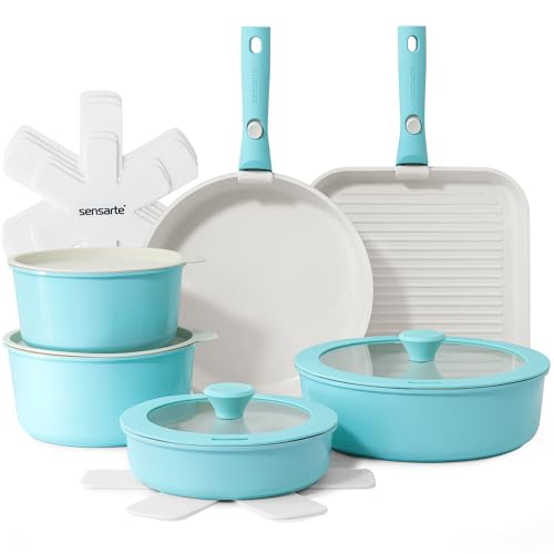 Image of SENSARTE 17 Piece Ceramic Pots and Pans Set, Nonstick Detachable Handle Cookware, Induction Kitchen Cookware Set with Removable Handle, Dishwasher & Oven Safe (Turquoise)