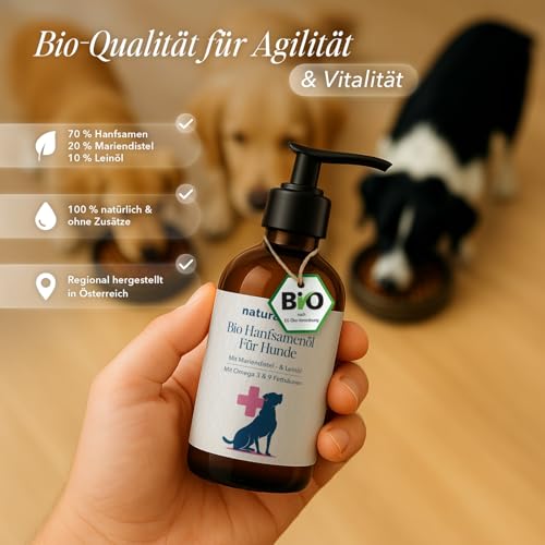 naturacbd Hanföl für Hunde mit Leinöl & Mariendistel | Natürliches Barf-Öl zur Unterstützung von Gelenken, Beweglichkeit, Verdauung & Vitalität | Bio-Öl für Haut & Fellpflege