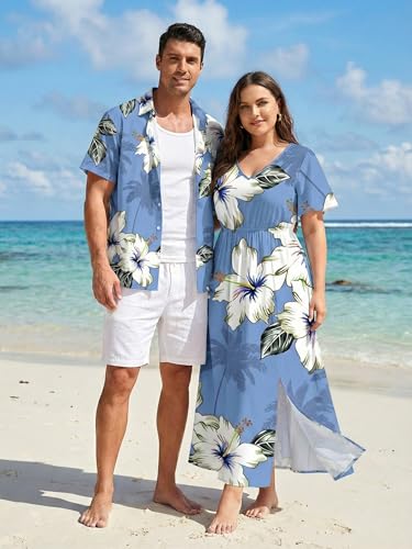 Image of Matchable Couple Hawaiian Sea Beach Starfish Turtle Shell Print Shirt or Plus Size Midi Split A Line Dress