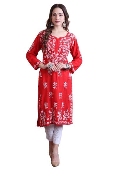 Image of FAWOMENT Trendy Modal Straight Kurta with Impresively Designed and Hand Embroidered Lucknowi Chikankari for Women