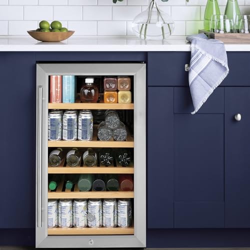 Image of GE Wine Cooler & Beverage Refrigerator | Mini Fridge With Lock & Key Included | Complete With Oak Shelving, Glass Exterior & Warm Interior Lighting | Fits 109 Cans or 31 Wine Bottles | Stainless Steel