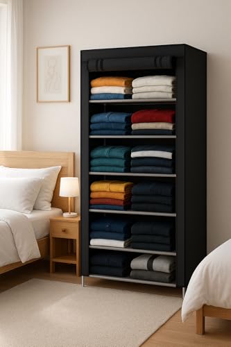 Image of VIPEK Foldable Wardrobe for Clothes, Cloth Organizer for Storage with 6 Shelves, Multipurpose Clothes Rack for Home & Bedroom (Black, 6 Layer)