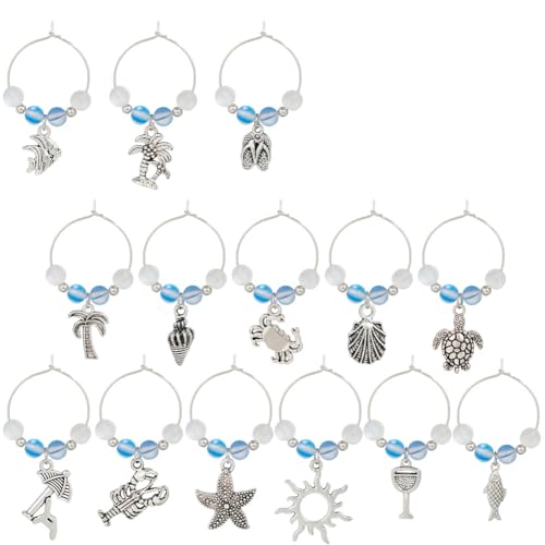 SUNNYCLUE 1 scatola 14 pezzi Ciondoli per Bevande Ciondoli per Marcatori di Vino Sfuso Identificatore per Bicchiere di Vino Mare Estate Oceano Hawaii Ciondoli per Palline di Vetro Identificatori di Vi