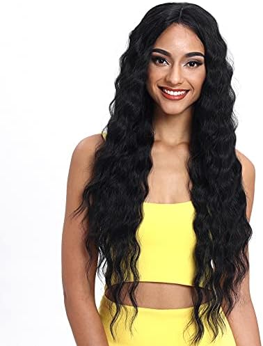 Joedir Lace Front Wigs 30'' Long Wavy Synthetic Wig 4.5" Deep Part HD Transparent Lace For Women 130% Density Wigs(BLACK COLOR)