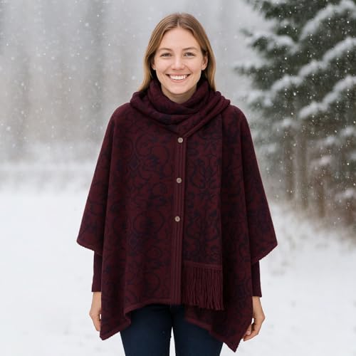 NOVICA Artisan Crafted Reversible Alpaca Blend Ruana | Burgundy Patterned | Acrylic Wool Scarf | Wine Purple | Coconut Shell Buttons | Draped Cloak |'Peruvian Wildflower in Red'2