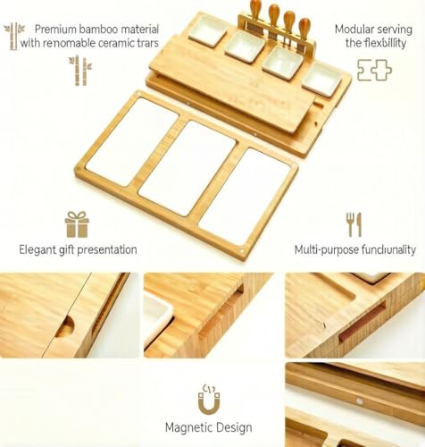 Bamboo Charcuterie Board Cheese Tray Set with Removable Ceramic & Prep Trays, Stainless Steel Knives – Elegant Gift for Wedding Couple, Housewarmings, Anniversaries, Bridal Shower,and Holidays by PLUZON - Image 8