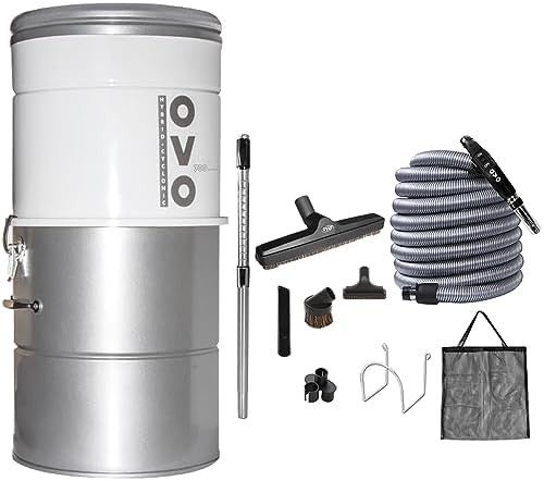 OVO AW Large and Powerful Central Vacuum System, Hybrid Filtration (with or Without Disposable Bags) 25L or 6.6 Gal, 700 Air watts and 35 ft Deluxe Accessory Kit Included, White and Silver