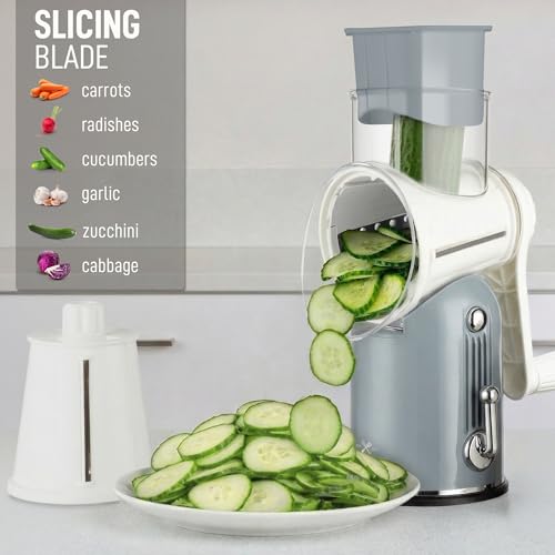 Image of Zulay Kitchen Rotary Cheese Grater 5 Blade Cheese Shredder - Manual Hand Crank Cheese Grater With Reinforced Suction & 5 Interchangeable Drums - Easy to Use, Vegetable Chopper Round Mandoline Slicer