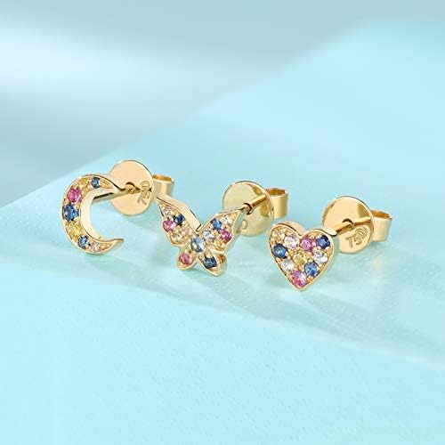 FANCIME Butterfly Studs 14K Solid Yellow Gold Multicolored 0.132ct Sapphire 0.012ct Diamond Small Tiny Cute Stud Earrings for Women Valentines Day Gifts - Image 6