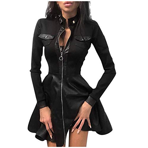 Vestido Sexy Mujer Con Cremallera - Vestido Cuero Manga Larga Slim Vintage Gótico Mini Vestido Elegante Y Elegante Casual Trapecio Estilo Steampunk Versátil Encanto Club Fiesta Ropa 2025, Negro , L