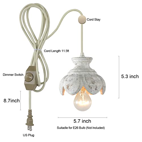 Wood Plug In Hanging Light Distressed White Flower 1-Light Handmade Pendant Light Ceiling Lamp Small Vintage French Country Chandelier For Bedroom Kitchen Dining Living Room, Dimmer & Swag Hook & Cord #TOP5
