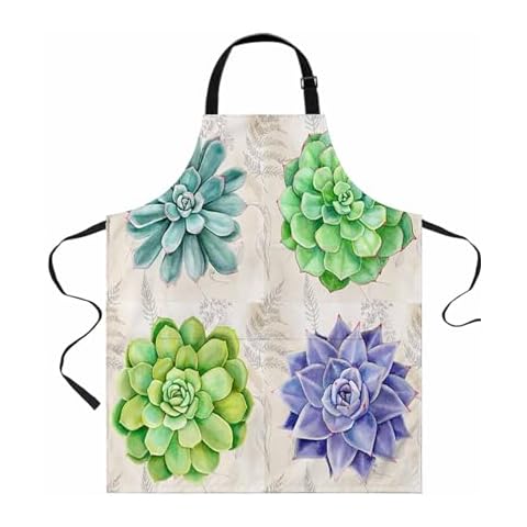Succulent Waterproof Apron With Pockets, Tropical Summer Retro Spring Botanical Herb Kitchen Chefs Bib Cooking BBQ Grill Bake Adjustable Aprons for Women/Kids Home Garden Grooming Painting Gardening Cover