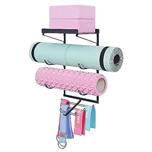 MAYZOLOP Yoga Mat Holder Wall Mount Yoga Mat Storage Rack Home Gym Accessories with 3 Sectional and 7 Hooks for Hanging Foam Roller and Resistance Bands at Fitness Class or Home Gym