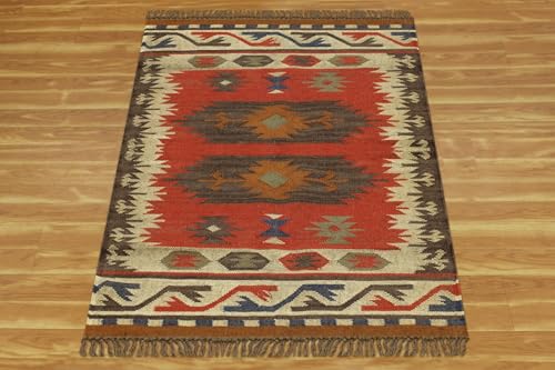 Tapis chambre laine rouge multicolore carré 122 cm jute - 6