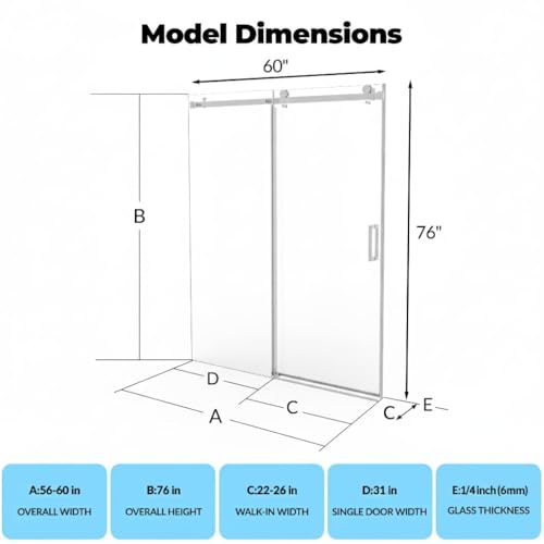 Image of Sliding Shower Door, 56-60 inch Wx76 inch H Glass Shower Door with Stainless Steel Frame, One Fixed One Sliding Panel, Brushed Finish, for Tub and Bathroom Use