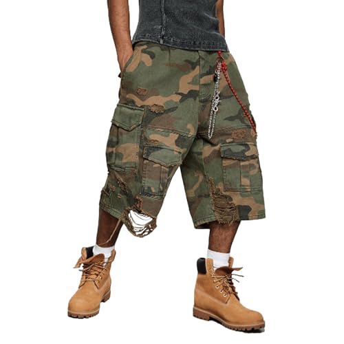 Camo Shorts Men Y2K Ripped Distressed Cargo Camouflage Shorts Baggy Vintage Streetwear Summer Loose Fit Jorts