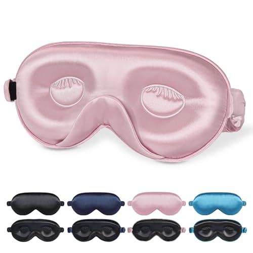 BeeVines Silk Sleep Mask, 1 Pack 22 Momme Silk Eye Masks for Sleeping with Adjustable Strap, 3D Contoured Sleep Eye Mask for Eyelash Extension, Blackout Mulberry Silk Eye Mask for Men & Women (Pink)