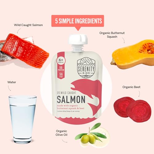 Image of Serenity Kids 6+ Months Baby Food Pouches Puree Made With Ethically Sourced Meats & Organic Veggies | 3.5 Ounce BPA-Free Pouch | Wild Caught Salmon, Butternut Squash, Beet | 1 Count (Pack of 3)