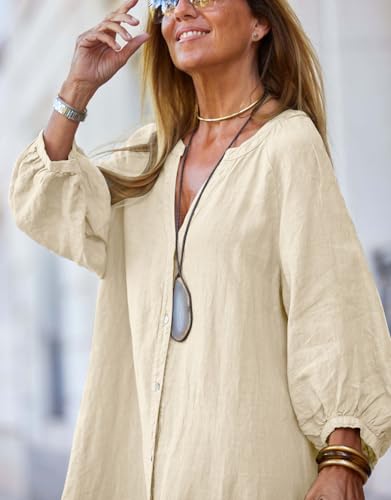 Image of chouyatou Women Summer Long Sleeve Notch Neck Maxi Linen Shirt Dress Loose Button Down Tunic Shift Dress