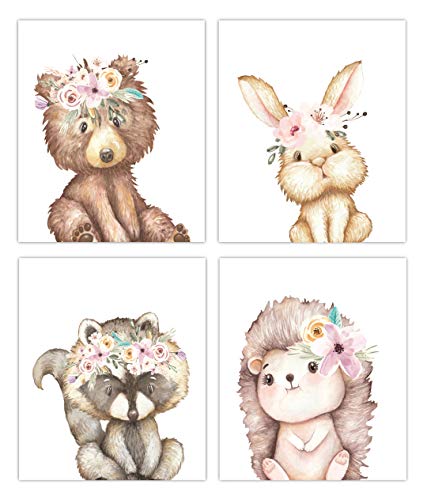 Image of Designs by Maria Inc. Little Baby Watercolor Animals Floral Crown Woodland Prints Set of 4 (Unframed) Nursery Decor Art (8x10) (Option 1)