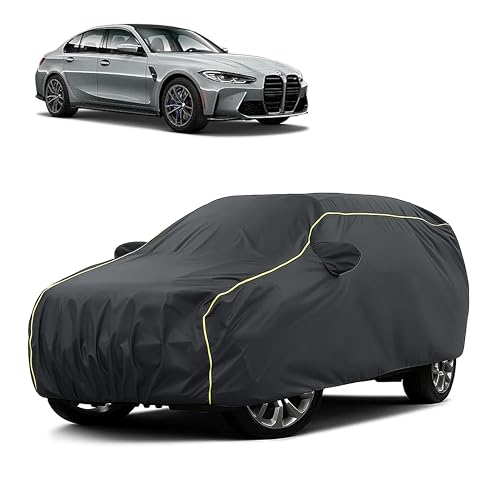 Image of Sulfar 100% Water Resistant Car Body Cover Compatible with Mirror for BMW M3 (Triple Stitched, Full Bottom Elastic, Dark Grey Taffeta with Yellow Piping)