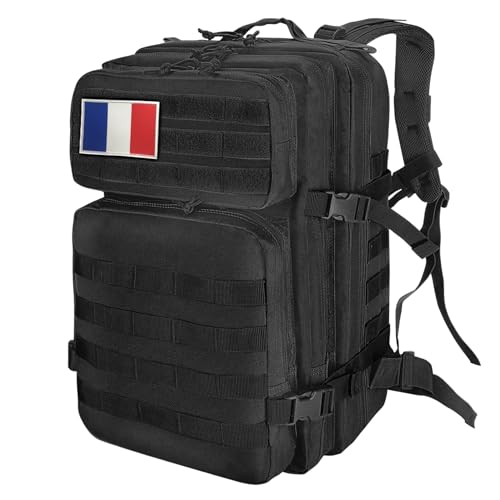 HEMSO Grand Sac à Dos Militaire 45L,Sac de Voyage Système MOLLE,Sac Crossfit de Sport pour Randonnée Trekking Moto Camping Voyage Pêche Alpinisme École (Noir)