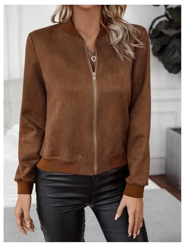 SweatyRocks Women's Faux Suede Short Bomber Jacket Coat Stand Collar Lightweight Zip Up Fashion Outerwear Tops3