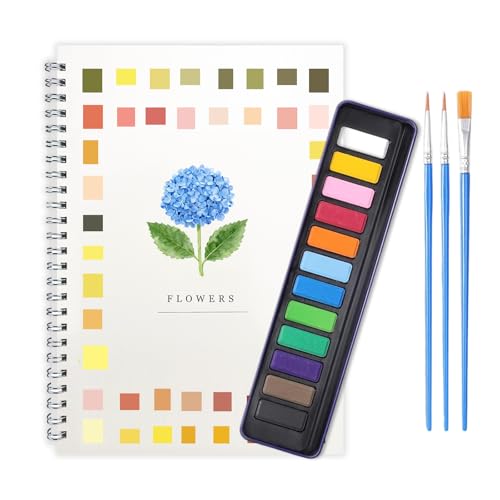 Watercolor Workbook,Watercolor Painting Kit with 12 Colors Paint Set with Brushes & Multi-Theme Scenes, Beginner Workbook Set for Adults & Teens (Blue Flower)