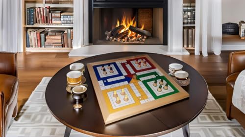 Image of CHECK BOX Handicrafts | Wooden Ludo Board Game - Large 24x24 Inch Handmade Tabletop Design | Magnetic Wooden Coins & Dice | Premium Laminated Glass Finish | Classic Family & Kids Board Game