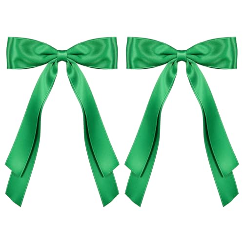 5.5inch Satin Green Bows Hair Clip Long Tail Ribbon Ponytail Hairpins for Women Girls Christmas Earth St. Patricks Day Carnival Spring Outfit Dress Decor Accessories Gift