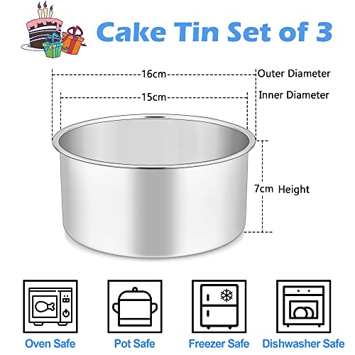 Herogo 6 Inch Cake Tin, Round Cake Tins Set of 3, Stainless Steel Deep Baking Cake Pan for Birthday Wedding Christmas Layer Desserts, One Piece Design & Mirror Finish, Dishwasher Safe - Image 3