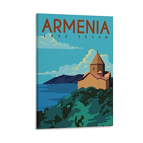Poster de voyage vintage Arménie sur le lac Sevan - 30 x 45 cm - Décoration murale moderne pour chambre à coucher
