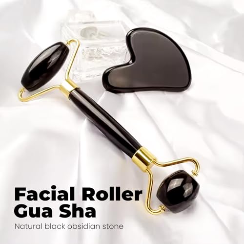 Image of ROSELYNBOUTIQUE Gua Sha Facial Tools & Face Roller Original Face Massager for Puffiness Wrinkless Skin Care Routine - Self Care Gift for Men Women (Black Obsidian)