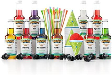 Syrup Assortment with 10 - 16oz Bottles, 50 Snow Cone Cups, 50 Spoon Straws, and 10 Pouring Spouts. Flavors include: Tiger’s Blood, Pina Colada, Blue Raspberry, Cherry, Lemon-Lime