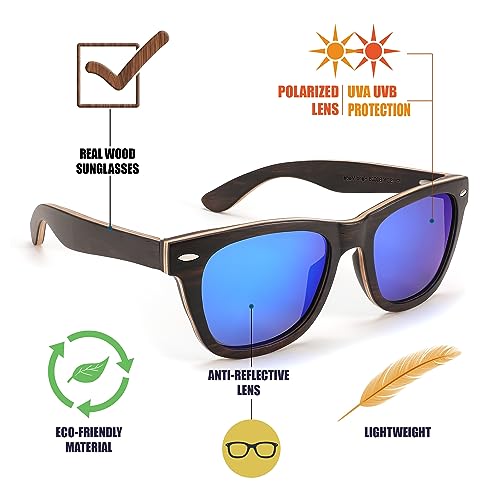 FEISEDY Woodes Sunglasses Polarized for Women Men, Bamboo Wood Handmade Frame, Classic Square UV400 Protection B00063