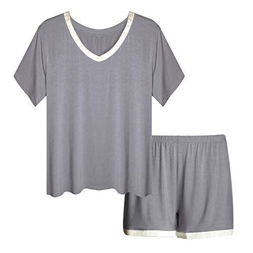 Invug Women Nightwear Short Sleeve Shirt and Shorts Pajama Set V Neck Sleepwear Grey XXL - Thumbnail 2