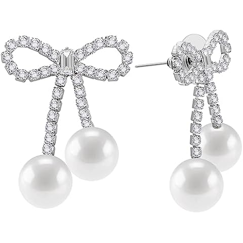 Rhinestones Bow Drop Pearl Earrings for Women Cute Pearl Dangle Sparkle Bow Silver Earrings Long Chain Pearl Tassel Wedding Statement Earrings for Bride Jewelry Gifts for Her Birthday Christmas Cover