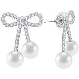 PLwelth Rhinestone Bow Drop Earrings Pearl Earrings for Women Dainty Sliver Pearl Tassel Dangle Earring Aesthetic Bow Jewelry for Bride Bridesmaid Wedding Party Prom Trendy Bridal Shower Gifts