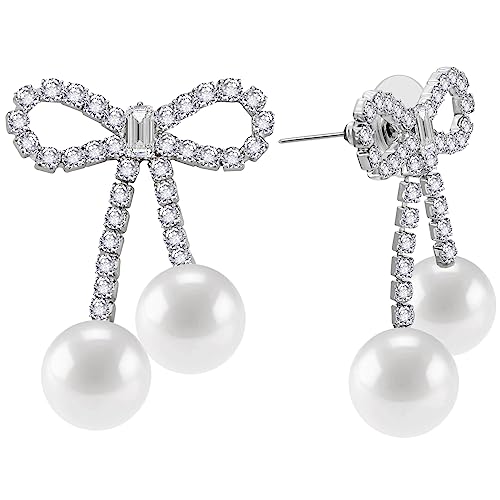 PLwelth Rhinestone Bow Drop Earrings Pearl Earrings for Women Dainty Silver Pearl Tassel Dangle Earring Aesthetic Bow Jewelry for Bride Bridesmaid Wedding Party Prom Trendy Bridal Shower Gifts