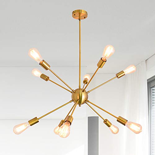 Sputnik Chandelier 10 Lights Brushed Gold Pendant Lighting Modern Vintage Ceiling Lamp Mid Century Hanging Lamps for Dining Room Kitchen Island Bedroom