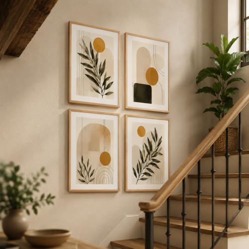 Image of Livin'luxe Set of 4 Minimalist Botanical Geometric Wall Paintings with Sparkle Laminate and Premium Wooden Synthetic Frame for Living Room Bedroom Office Decor (13.5 x 19.5 Inch)