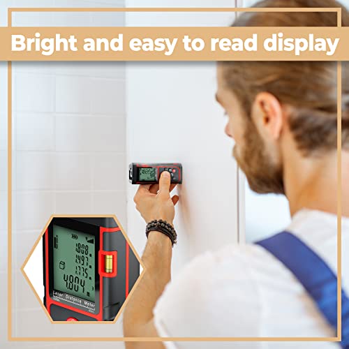 Foto von Retoo Laser Entfernungsmesser 40M, Digitales Distanzmessgerät LCD Hintergrundbeleuchtung, Viele Messmodi Pythagoras/Abstand/Fläche/Volumen Messunge IP54, Lasermessgerät mit 2 Batterien, Tasche