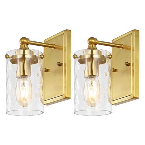 Image of SAFAVIEH Lighting Collection Jobie Brass /Glass Shade Wall Sconce Set of 2 Light Fixture, Ideal for Bathroom, Entryway, Vanity, Foyer, Hallway, Living Room (LED Bulbs Included)