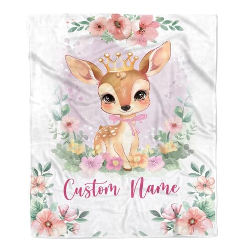 TeesNow Personalized Baby Girl Blanket with Custom Name Newborn Pink Flowers Deer Daughter Niece Granddaughter Birthday Christmas Customized Bed Fleece Throw Blanket (30 x 40 in Baby Size)