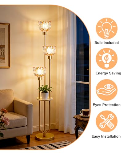 Image of Lightdot Glass Floor Lamp for Living Room 3-Lights Modern Gold Floor Lamp with Amber Glass Shade 3000K Bulbs Included Unique Tall Standing Lamp with 5Lb Heavy Base for Bedroom /Sofa Beside /Corner Decor