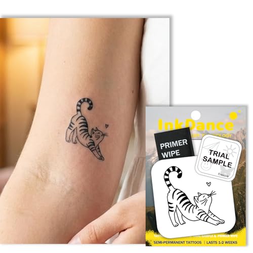 InkDance Semi-Permanent Tattoo, Joyful Morning Stretch, Cute Kitten Cat, Long Lasting Temporary Tattoos for Women, Waterproof Plant-Based Ink, Lasts 1-2 Weeks, Color Develops in 24 Hours MNF095