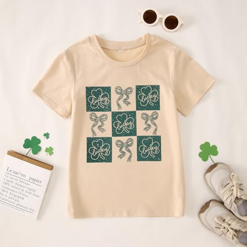 Image of Kid Girls St. Patricks Day Shirts Bow Lucky T-Shirt Shamrock Tees Clover Short Sleeve Tops Irish Outfits 7-12 Years